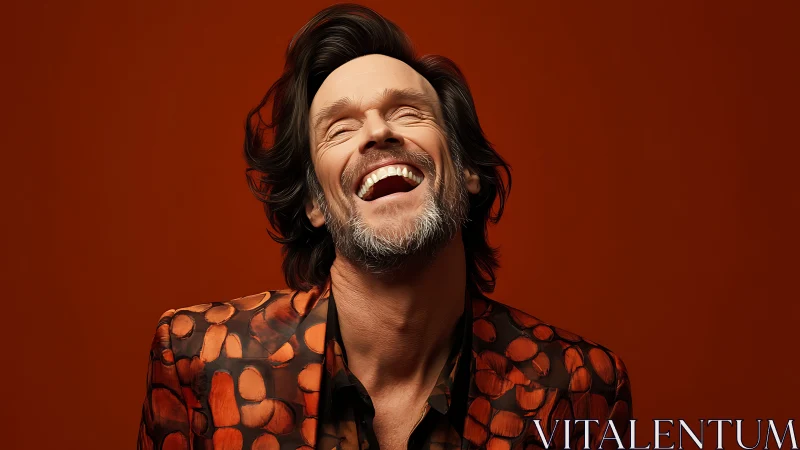 Sunlit laughter erupts from a patterned suit of blazing amber