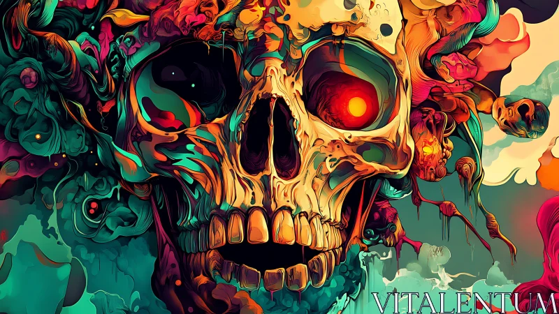 Fluorescent skull blooms through swirling neon nightmare fog