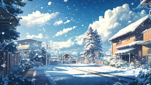 Snow covered residential street under clear blue sky.