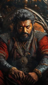 Regal warrior lord in ornate red armor on carved throne
