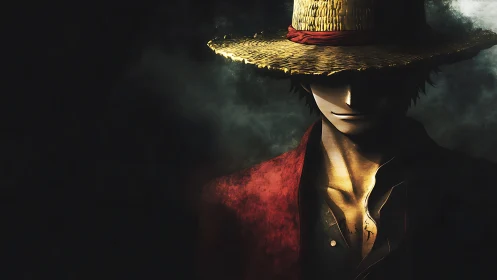 Straw hat anime figure in dramatic shadowed portrait.