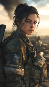 Female soldier portrait in tactical gear at sunset battlefield.
