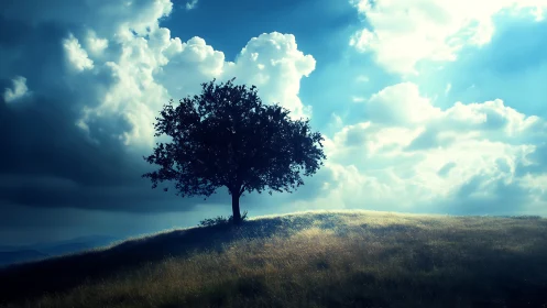 Lone tree on grassy hill under dramatic cloudy sky, digital art.