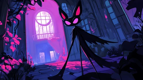 Elongated shadow figure stands in neon lit ruined hall