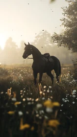 Black horse standing in misty wildflower meadow at dawn.
