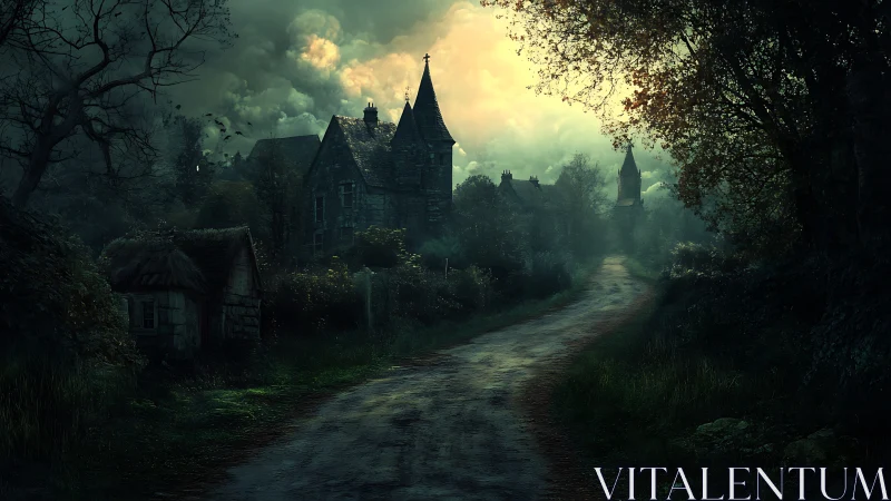 Gothic village lane receding into stormlit atmospheric horizon