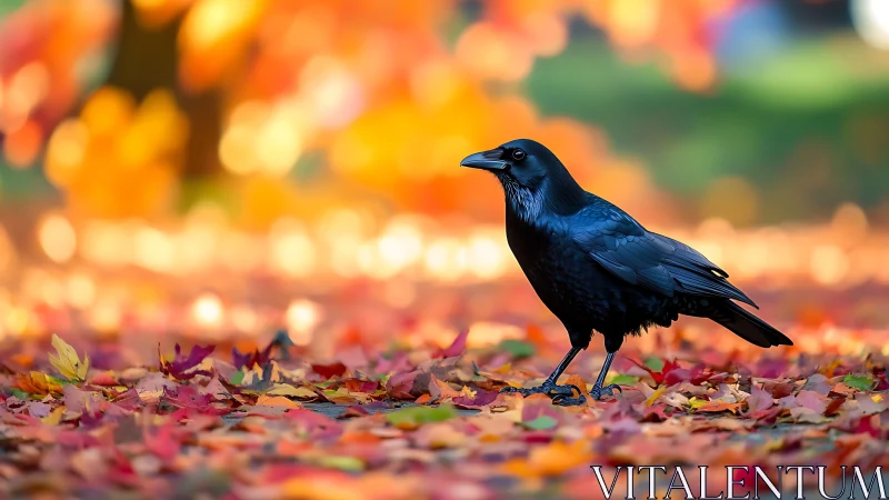 Black crow on colorful autumn leaves, vibrant nature photography.