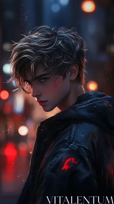 Brooding young man in neon city street at night portrait.