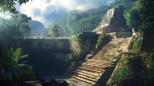 Sunlit jungle temple steps inviting quiet exploration.