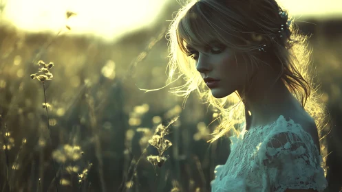 Golden backlit portrait in wildflower field at dusk.