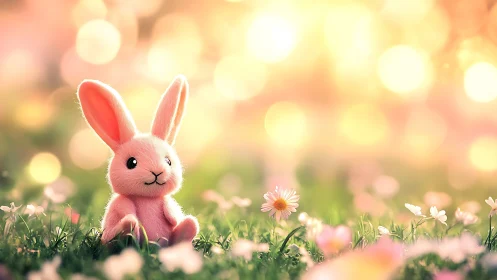 Soft-focus plush bunny in luminant bokeh meadow environment.