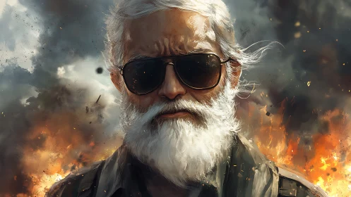 Older man with sunglasses in fiery explosive backdrop scene.