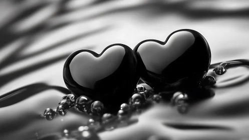 Two Black Heart Pendants with Spherical Beads in Monochromatic Render