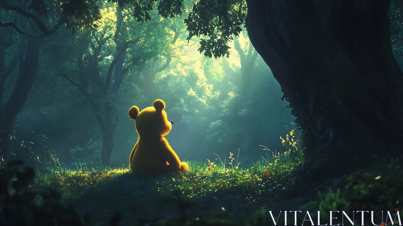 Golden plush bear watches dawn light in misty forest clearing