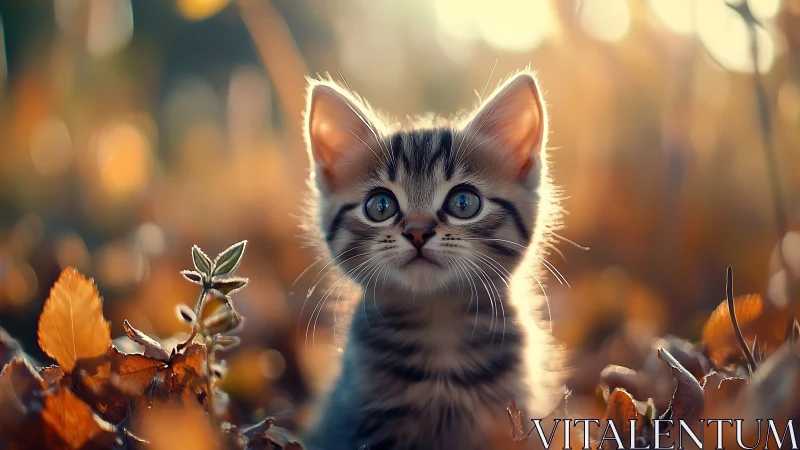 Golden-Hour Kitten Portrait with Ethereal Backlighting and Autumn Foliage.