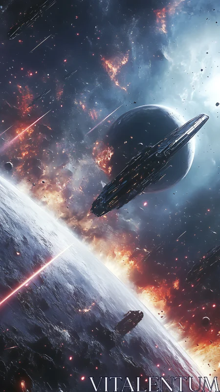 Orbital carrier ring above war-torn exoplanet under bombardment