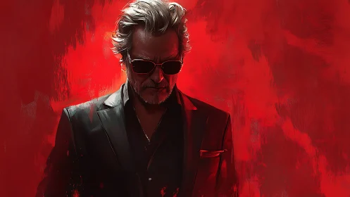 Brooding man in sunglasses stands against bold red light