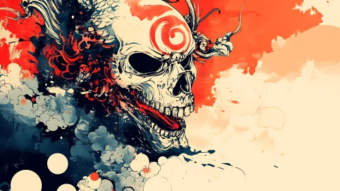 Spiral-marked skull erupts through chaos of ink and flame.