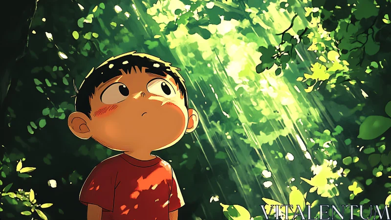 Curious boy studies dappled sunlight cutting through forest canopy