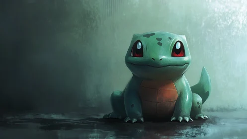 Bulbasaur-style creature in soft lit digital scene.