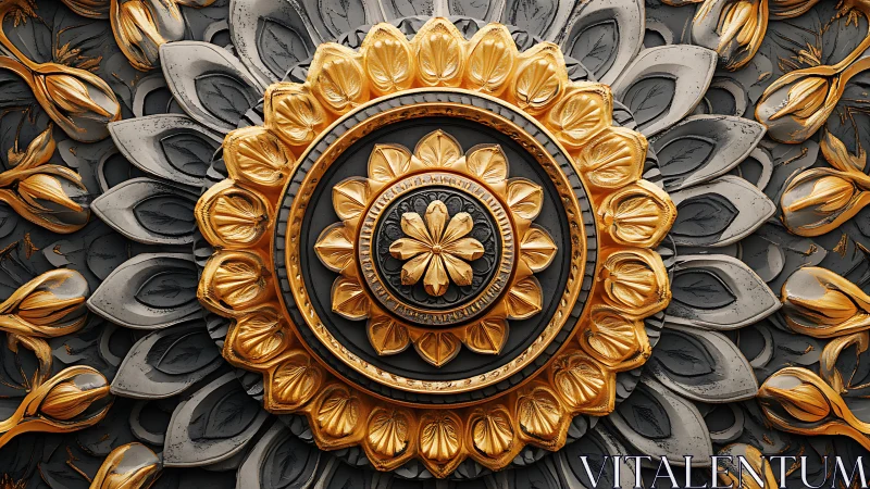 Ornate golden mandala rosette over sculpted gray petals.