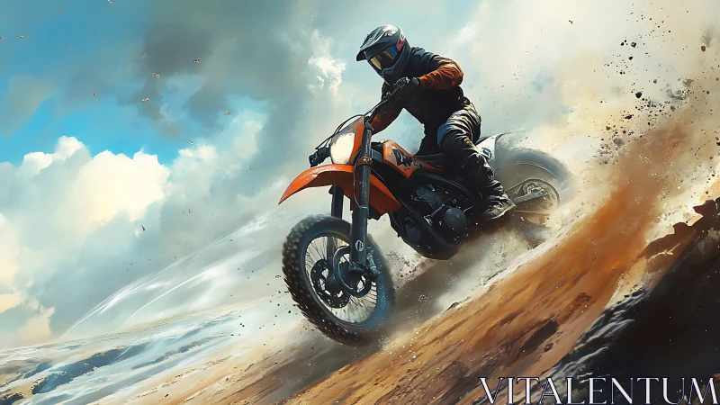 Motocross rider carves desert ridge under stormy sky.