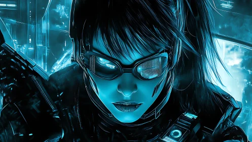 Neon night operative locked in razor sharp cyber focus.