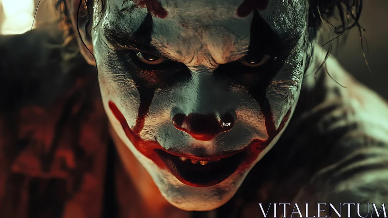 Sinister clown portrait leans from the shadows with feral glare