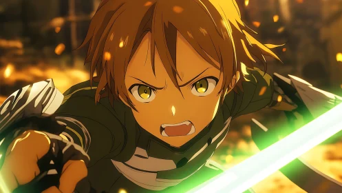 Dynamic anime swordsman lunging forward with glowing blade