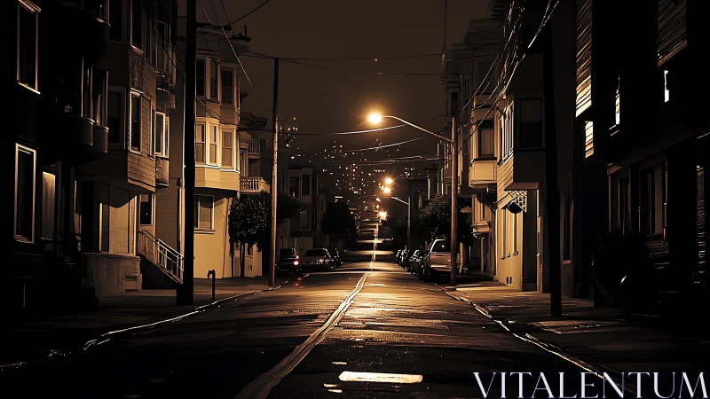 Quiet city street climbs into warm amber night lights.