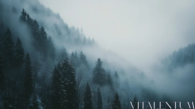 Misty Alpine Forest Valley in Winter Snow.