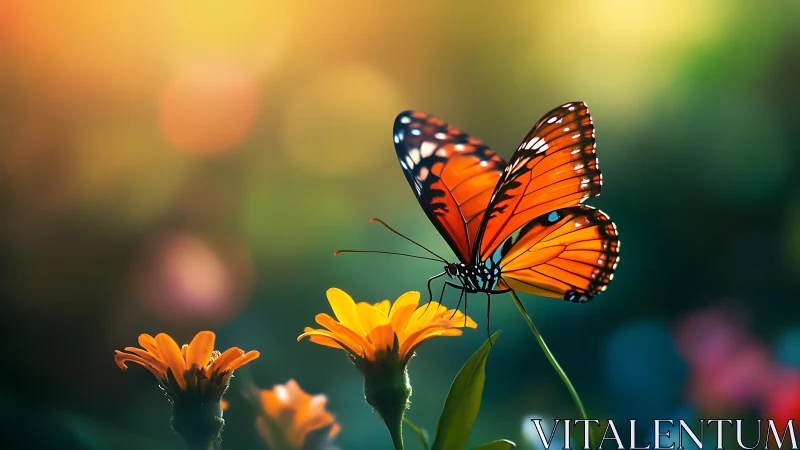 Photorealistic macro of orange butterfly on garden bloom.