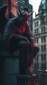 Brooding demon statue glowing over a twilight city edge.