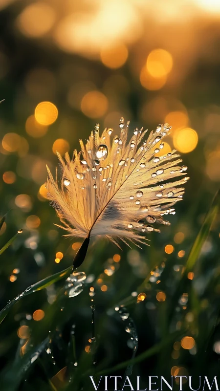 Feather holds dewdrops amid golden sunrise bokeh field.