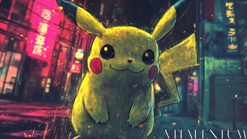 Neon-lit electric mouse character in moody urban alleyway.