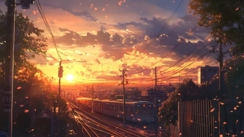 Suburban commuter train under glowing sunset stratocumulus sky