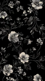 Monochromatic Botanical Engraving: Anemone Flowers Black Background Pattern