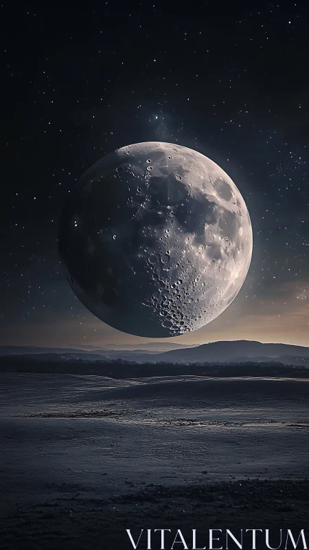Lunar body suspended over barren landscape at night.