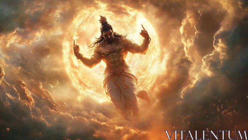 Divine warrior ascends through radiant celestial vortex.