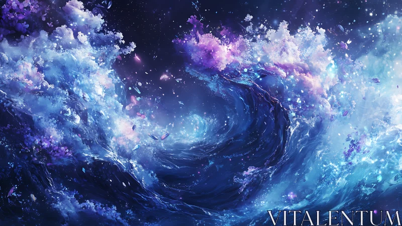 Cosmic vortex of luminous nebular waves rendered in ethereal hues