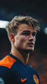 Male soccer player in navy and orange kit during match.