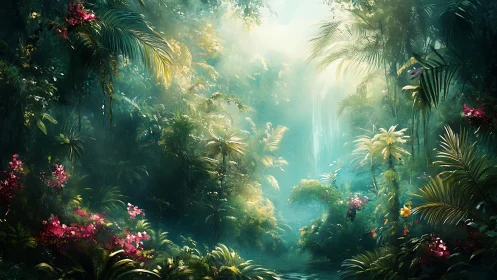 Sunlit jungle sanctuary wrapped in misty, blooming calm.