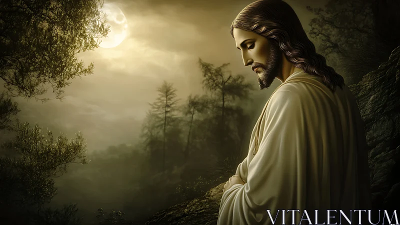 Bearded robed man prays alone in misty moonlit forest