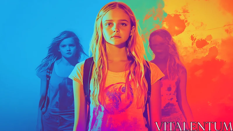 Chromatic schoolyard ghosts follow a neon sunlit girl