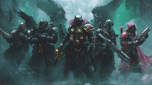 Storm-forged guardians stride through emerald cosmic mist.