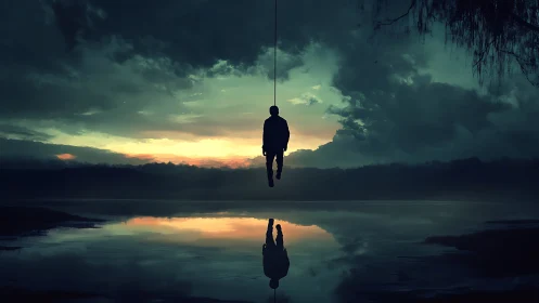 Twilight ropewalker adrift above a haunted mirror lake.