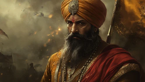 Warrior chieftain in saffron turban amid smoky battlefield