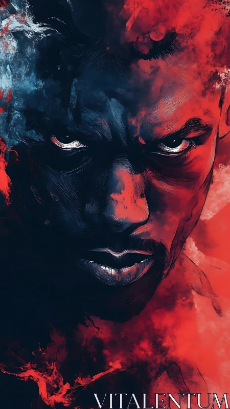 Intense dual-tone portrait merges fire and shadowed resolve.