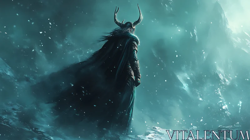 Armored horned warrior surveys glacial wasteland in cyan haze