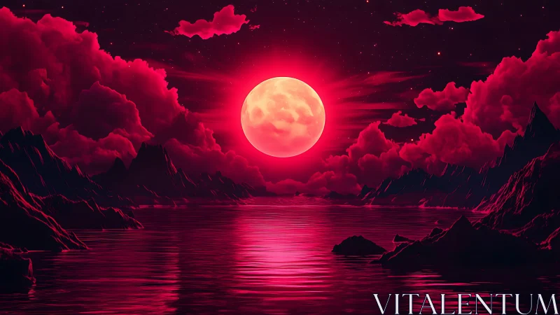 Crimson moonrise over reflective alien ocean horizon
